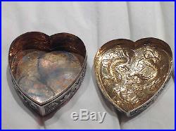 19thC Heavy CHINESE Export SILVER Jewellery / Tobacco HEART Box DRAGONS Signed