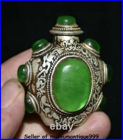 2.2 Chinese Silver Inlay Green Jade Gem Palace Pattern Snuff Box Snuff Bottle