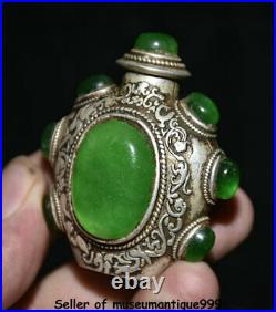 2.2 Chinese Silver Inlay Green Jade Gem Palace Pattern Snuff Box Snuff Bottle