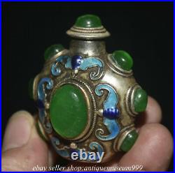 2.2 Old Chinese Silver Inlay Green Jade Gem Dynasty Palace Snuff Box Bottle
