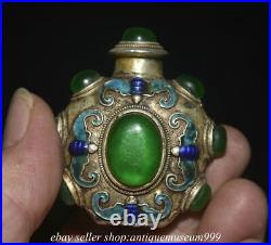 2.2 Old Chinese Silver Inlay Green Jade Gem Dynasty Palace Snuff Box Bottle