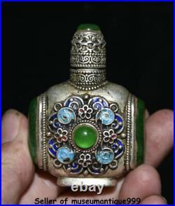 2.6 Chinese Silver Inlay Green Jade Gem Palace Flower Snuff Box Snuff Bottle