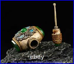 2.8 Rare Old Chinese Silver Inlay Gem Flower Snuff Bottle Snuff Box