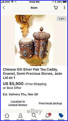 2 Antique Chinese Tea Caddy Silver Gilt Filigree Enamel Semi-Precious Gems Jade