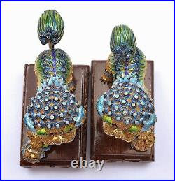 2 Chinese Gilt Solid Silver Enamel Foo Fu Dog Lion Wood Carved Stand & Box