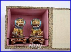 2 Chinese Gilt Solid Silver Enamel Foo Fu Dog Lion Wood Carved Stand & Box