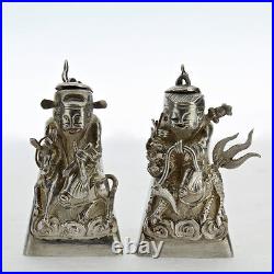 2 Figural Signed Chinese Export Silver Salt & Pepper Shakers Snuff Box Opium SL