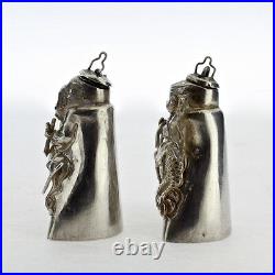 2 Figural Signed Chinese Export Silver Salt & Pepper Shakers Snuff Box Opium SL