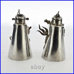 2 Figural Signed Chinese Export Silver Salt & Pepper Shakers Snuff Box Opium SL