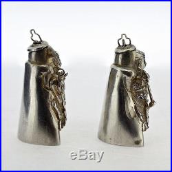 2 Figural Signed Chinese Export Silver Salt & Pepper Shakers Snuff Box Opium SL