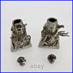 2 Figural Signed Chinese Export Silver Salt & Pepper Shakers Snuff Box Opium SL