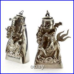 2 Figural Signed Chinese Export Silver Salt & Pepper Shakers Snuff Box Opium SL