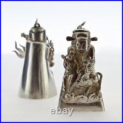 2 Figural Signed Chinese Export Silver Salt & Pepper Shakers Snuff Box Opium SL