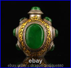 2 ancient China Chinese Silver Gilt inlay Green gem snuff box bottle