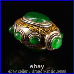 2 ancient China Chinese Silver Gilt inlay Green gem snuff box bottle