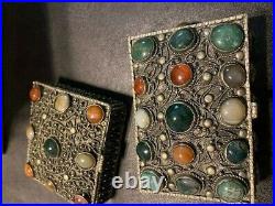 2 old beautiful chinese hand made semi precious silver metal trinket boxes