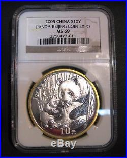 2005 CHINA PANDA BEIJING COIN EXPO 1oz Silver S10Y NGC MS 69 with orig box and COA