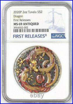 2020 Tuvalu Chinese Dragon Silver Coin 2oz NGC MS69 First Releases BOX COA
