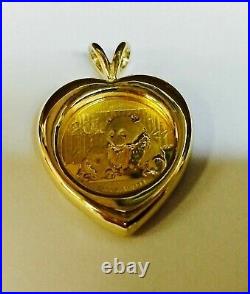 20mm COIN CHINESE PANDA BEAR Heart Shape Pendant 14k Yellow Gold Finish