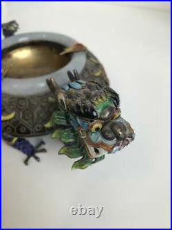 20th c. Chinese Silver Enameled Silver & Jade Dragon Ashtray
