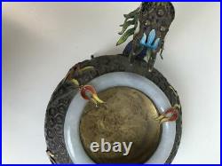 -20th c. Chinese Silver Enameled Silver & Jade Dragon Ashtray