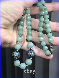 21. Chinese Silver clasp Green Aventurine Cloisonne Bead Beaded Necklace 18 1/2