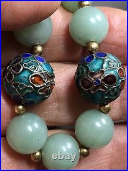 21. Chinese Silver clasp Green Aventurine Cloisonne Bead Beaded Necklace 18 1/2