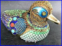 280g Antique Chinese Silver Enamel Turquoise Coral Gems Filigree Duck Figure Box