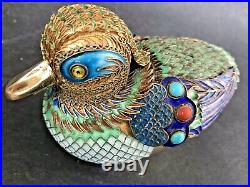 280g Antique Chinese Silver Enamel Turquoise Coral Gems Filigree Duck Figure Box