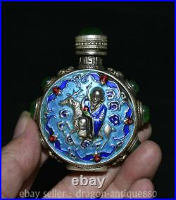 3.2 Chinese Silver inlay gem the god of longevity Riding deer snuff box bottle