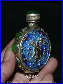 3.2 Chinese Silver inlay gem the god of longevity Riding deer snuff box bottle