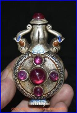 3.2 Old Chinese Silver Cloisonne inlay purple gem elephant ear snuff box Bottle