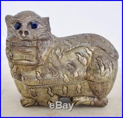 3.45 Antique Chinese. 900 Silver TIGER Box with Blue Sapphire Eyes (101.4 grams)