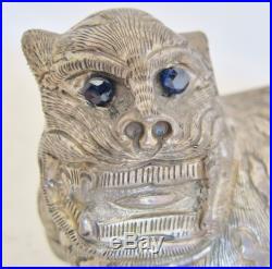 3.45 Antique Chinese. 900 Silver TIGER Box with Blue Sapphire Eyes (101.4 grams)