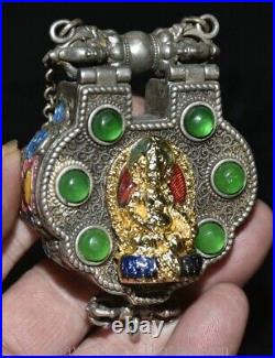 3 Old Chinese Silver inlay Green Jade Gilt Yellow Jambhala Buddha Pendant Box