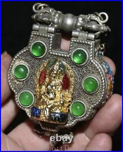 3 Old Chinese Silver inlay Green Jade Gilt Yellow Jambhala Buddha Pendant Box