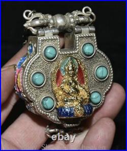 3 Old Chinese Silver inlay Turquoise Gilt Yellow Jambhala Buddha Pendant Box