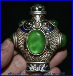 3 Rare Old Chinese Silver inlay Green Jade Gem Dynasty 2 Fish Snuff Bottle Box