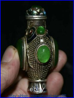 3 Rare Old Chinese Silver inlay Green Jade Gem Dynasty 2 Fish Snuff Bottle Box