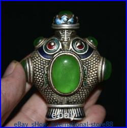 3 Rare Old Chinese Silver inlay Green Jade Gem Dynasty 2 Fish Snuff Bottle Box