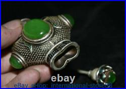 3 Rare Old Chinese Silver inlay Green Jade Gem Dynasty 2 Fish Snuff Bottle Box