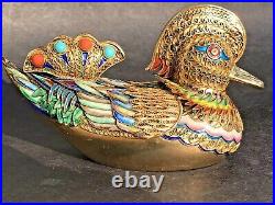 300g Antique Chinese Silver Gold Filigree Duck Figure Coral Turquoise Enamel Box