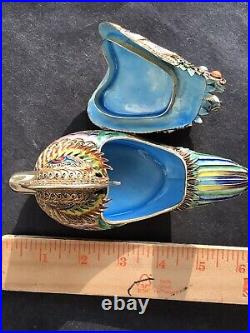 300g Antique Chinese Silver Gold Filigree Duck Figure Coral Turquoise Enamel Box