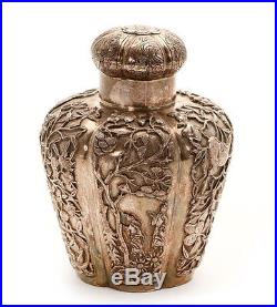 313 Gr. Antique Chinese Export Silver Tea Caddy Box Signed Flower Figures