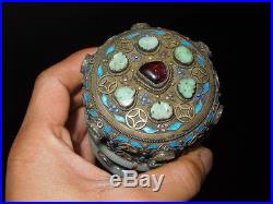 33. Antique Chinese silver Box with Multi Gemstone