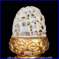 4.4 Old Chinese 100% Pure Silver Gilt Hetian Jade Hollow out Deer Statue Box