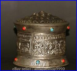 4 Old Chinese Silver Inlaid Turquoise Fengshui 12 Zodiac Year Animal Box