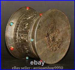 4 Old Chinese Silver Inlaid Turquoise Fengshui 12 Zodiac Year Animal Box