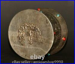 4 Old Chinese Silver Inlaid Turquoise Fengshui 12 Zodiac Year Animal Box