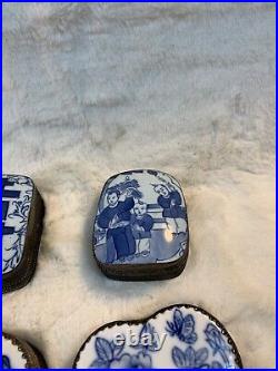 (4) Vintage Antique Chinese Silver & Porcelain Blue & White Inset Trinket Box